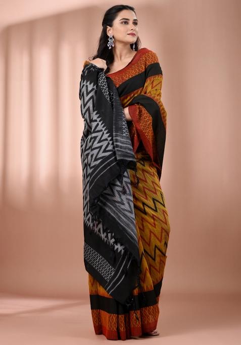 Mustard Floral Embroidery Cotton Saree Set