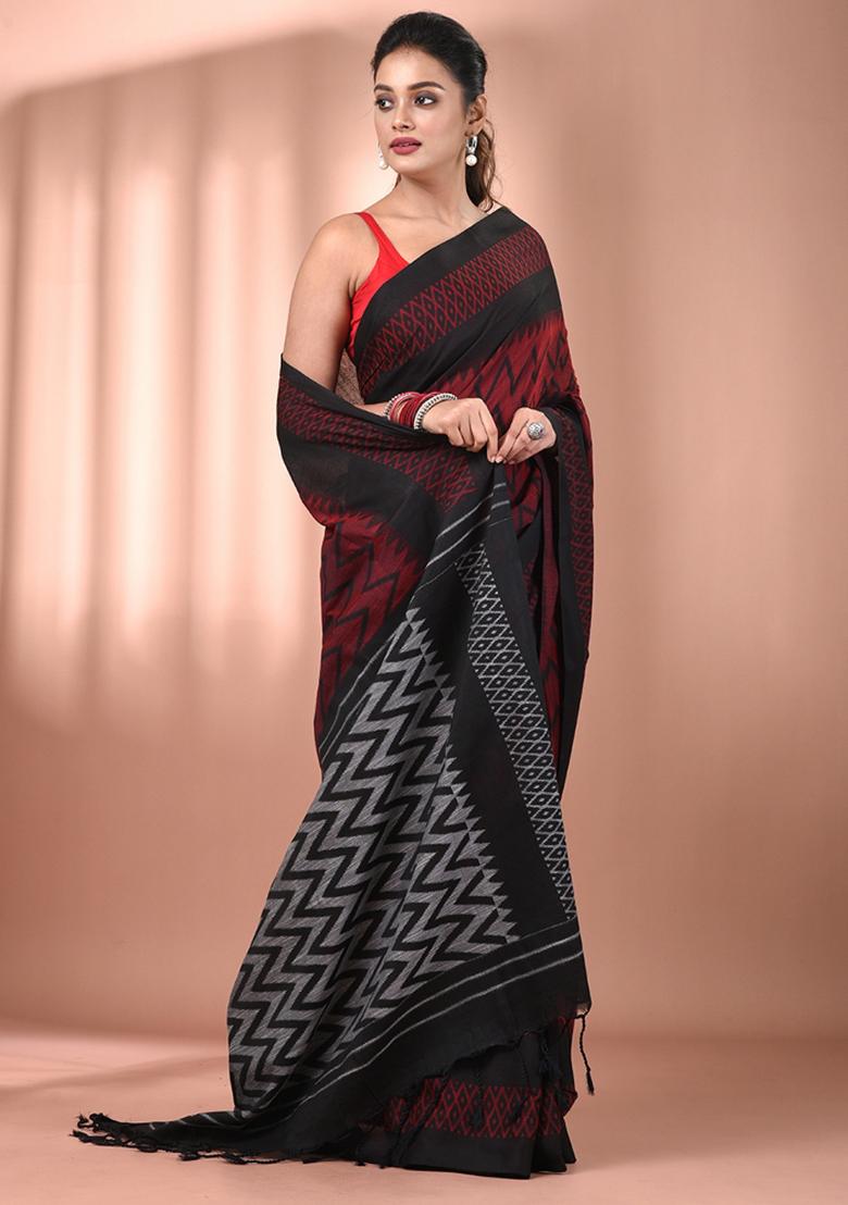 Red Floral Embroidery Cotton Saree Set