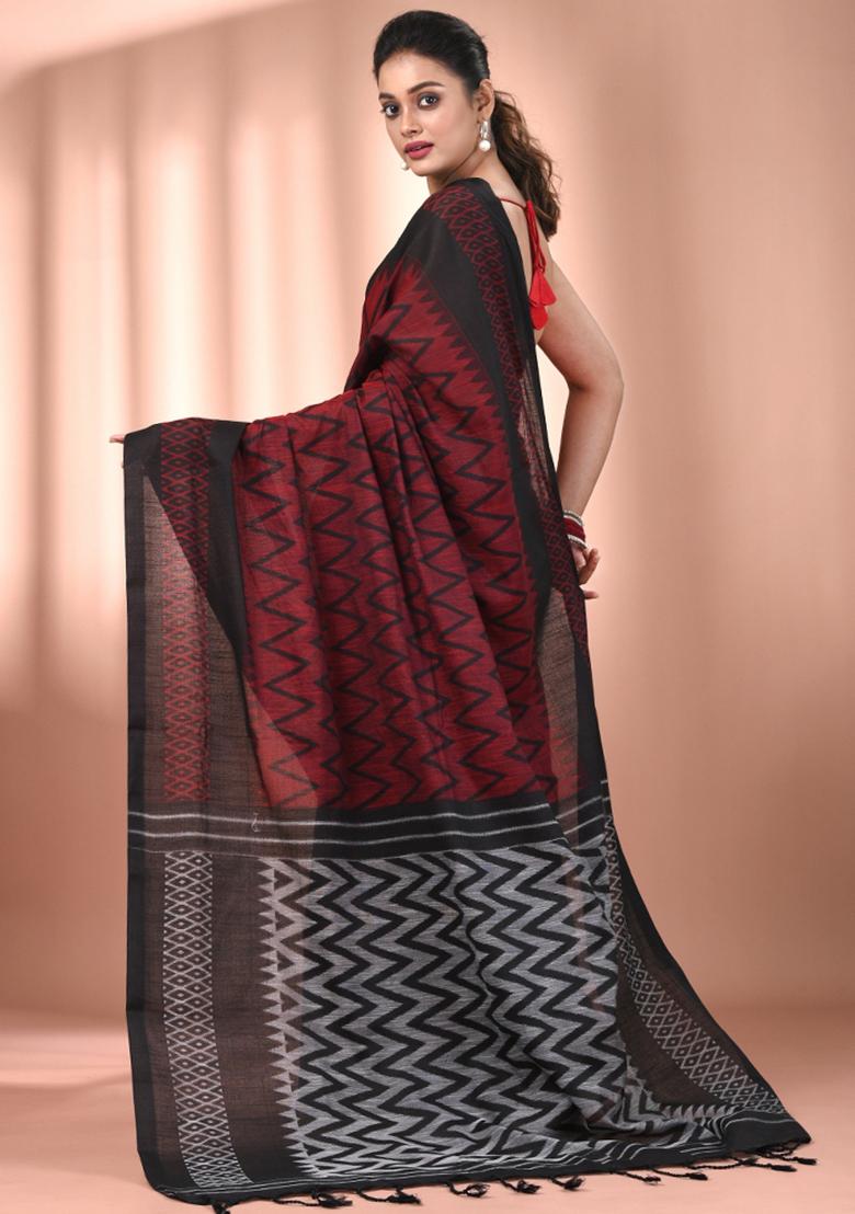 Red Floral Embroidery Cotton Saree Set