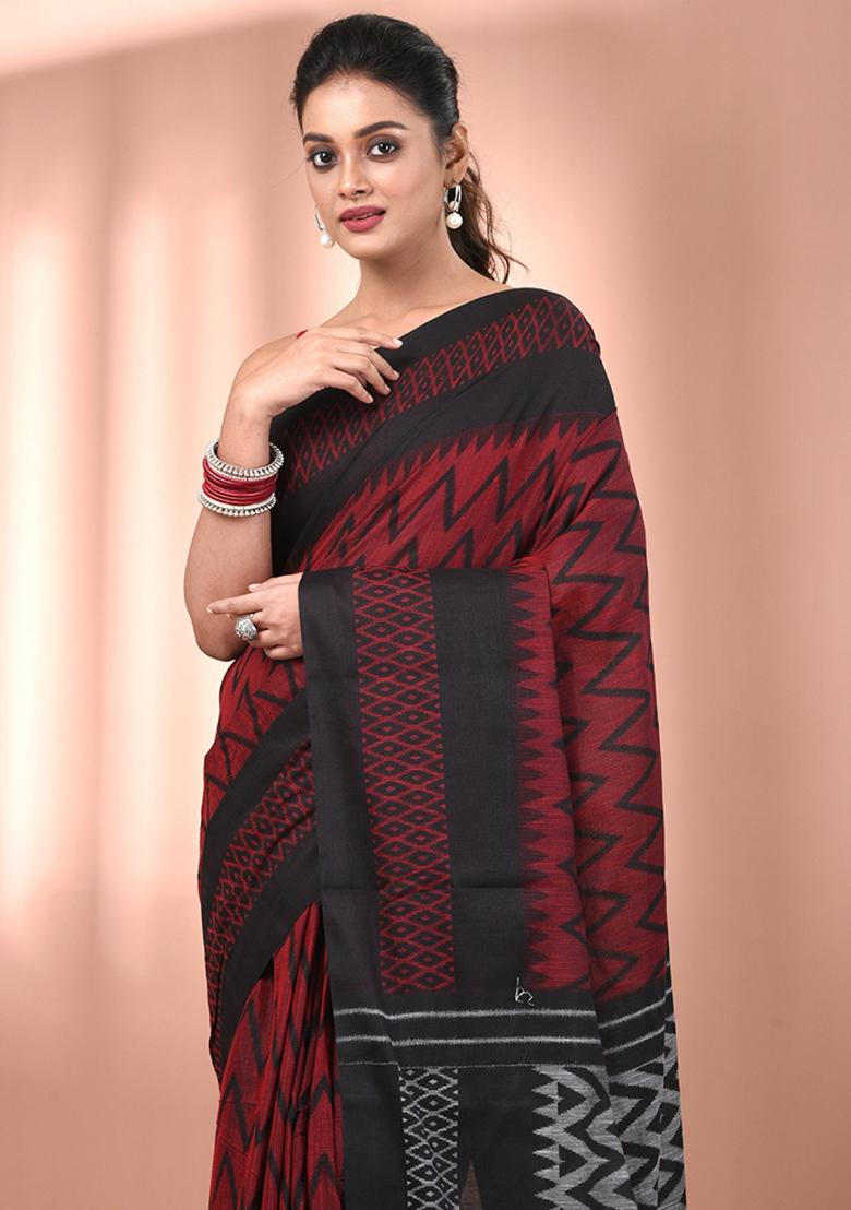 Red Floral Embroidery Cotton Saree Set - Indya