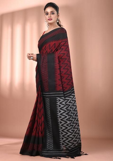 Red Floral Embroidery Cotton Saree Set