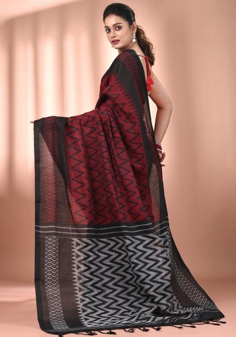 Red Floral Embroidery Cotton Saree Set