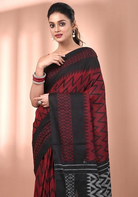Red Floral Embroidery Cotton Saree Set