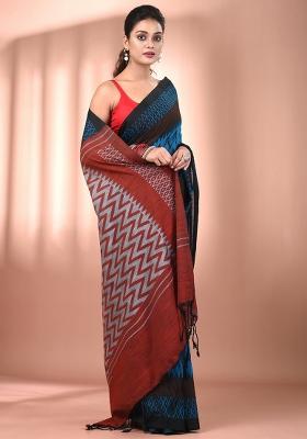 Sapphire Blue Floral Embroidery Cotton Saree Set