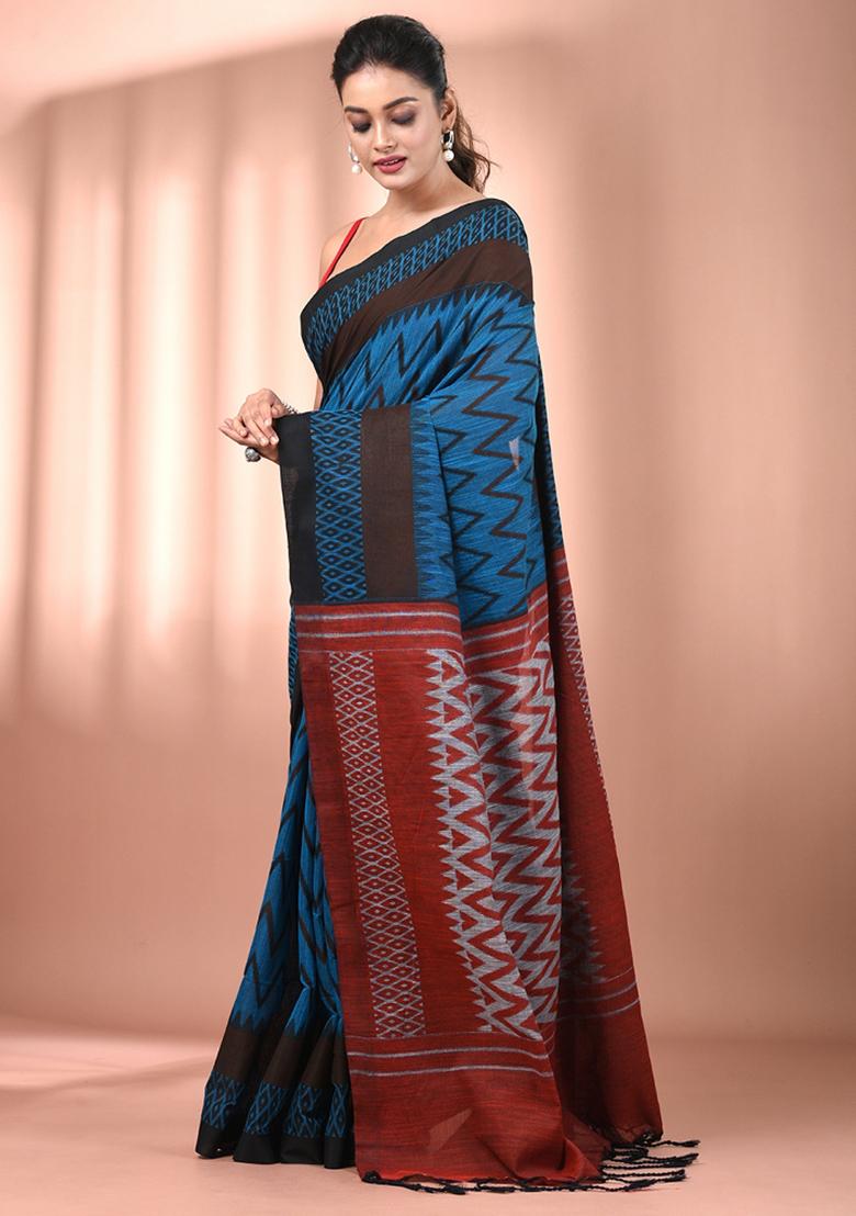 Sapphire Blue Floral Embroidery Cotton Saree Set - Indya