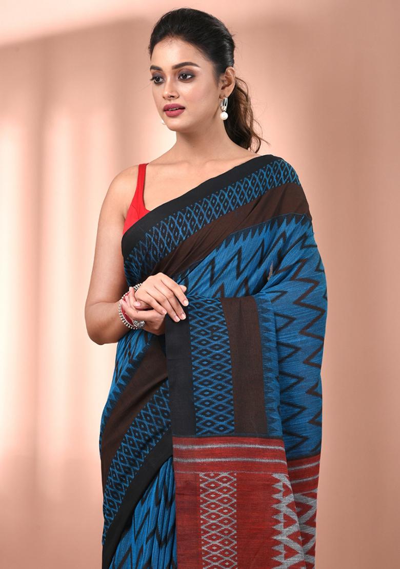 Sapphire Blue Floral Embroidery Cotton Saree Set - Indya
