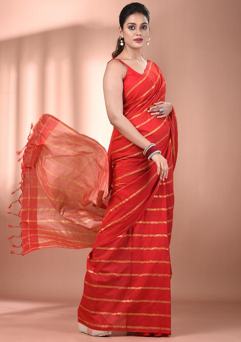 Red Floral Embroidery Cotton Saree Set - Indya