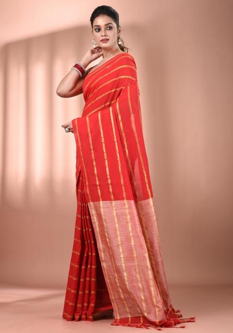 Red Floral Embroidery Cotton Saree Set