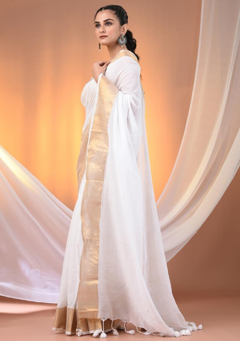 White Floral Embroidery Cotton Saree - Indya