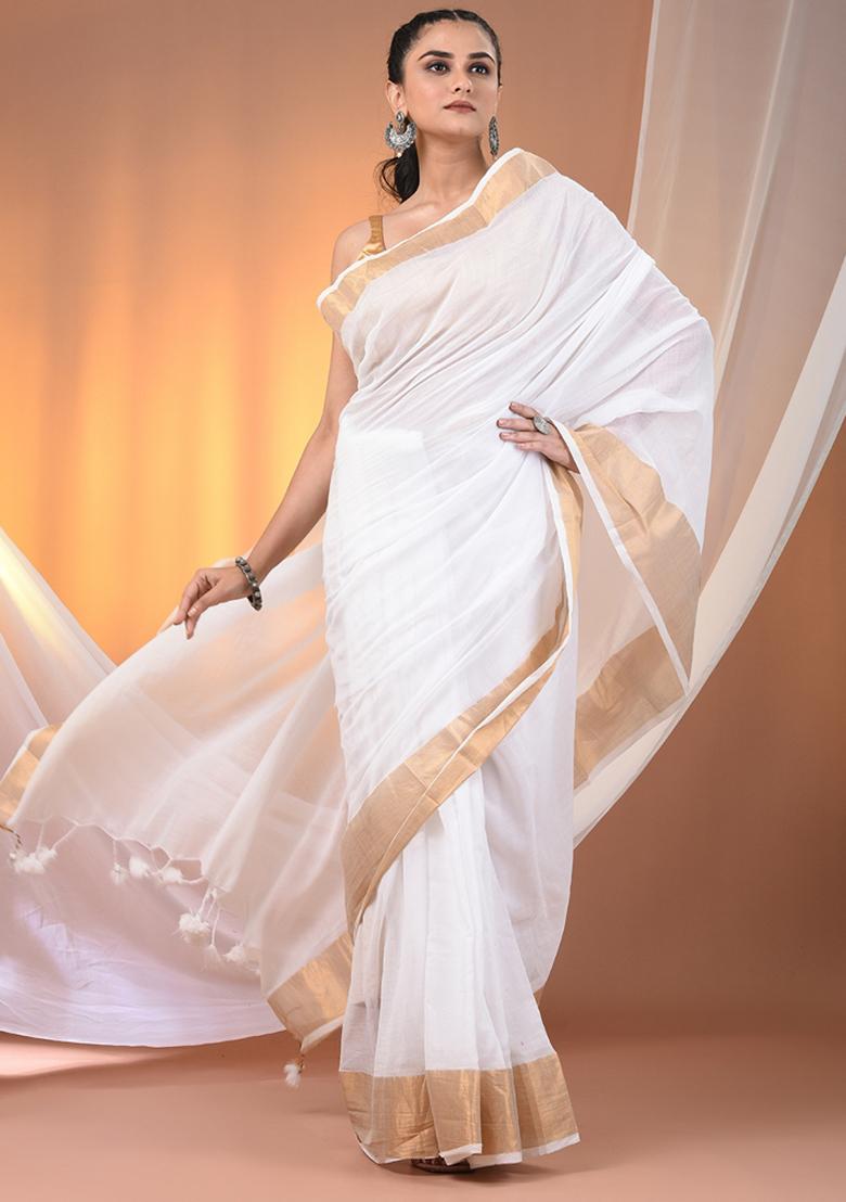 White Floral Embroidery Cotton Saree - Indya