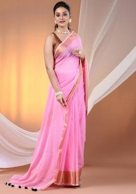 Pink Floral Embroidery Cotton Saree