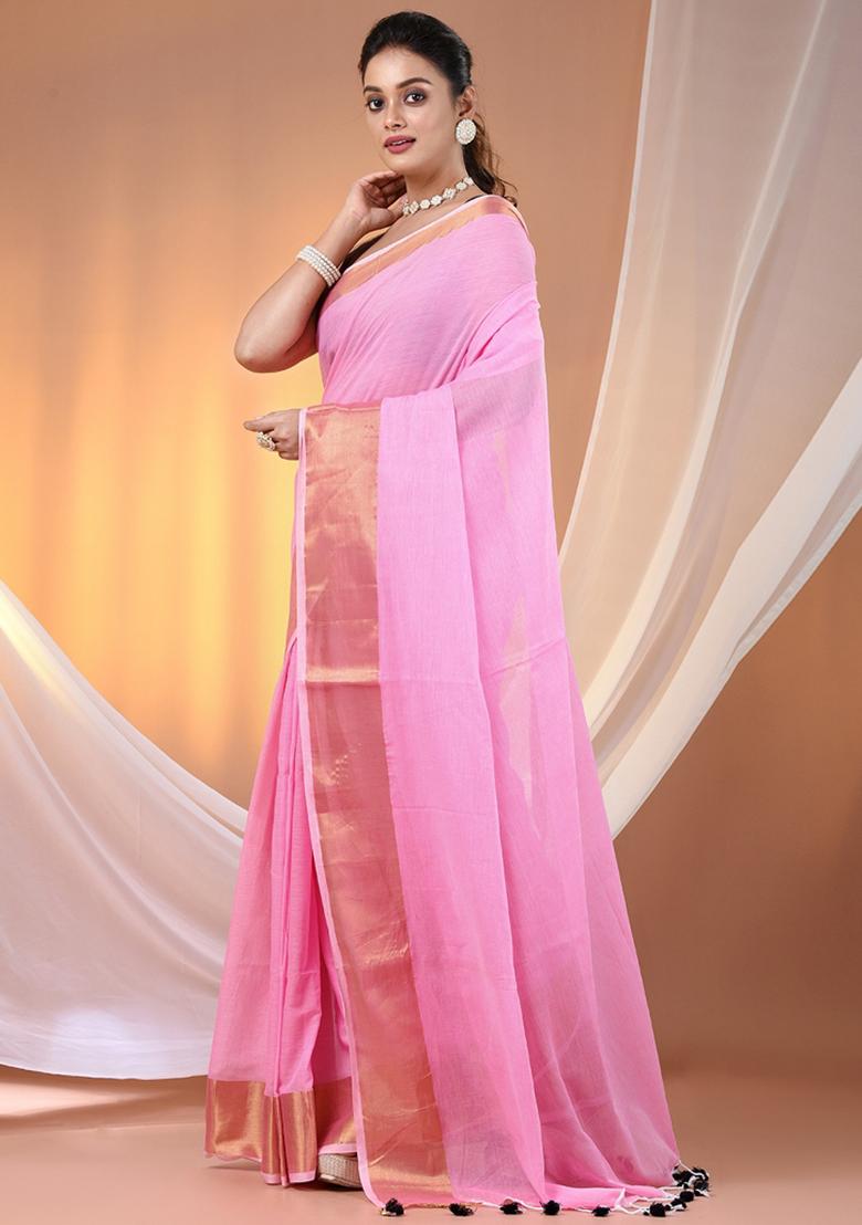 Pink Floral Embroidery Cotton Saree - Indya