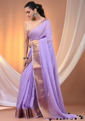 Violet Floral Embroidery Cotton Saree