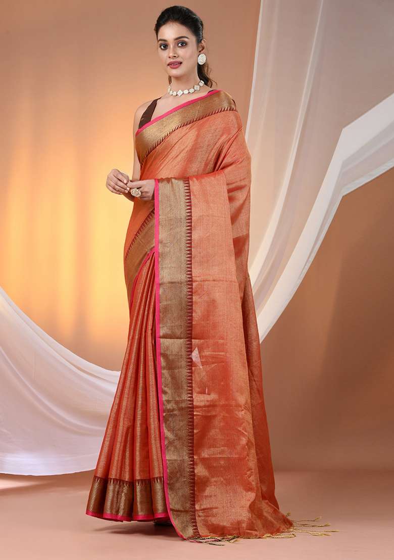 Red Floral Tissue Saree Set with Embroidery for Diwali | Wedding & Festive Wear - Indya