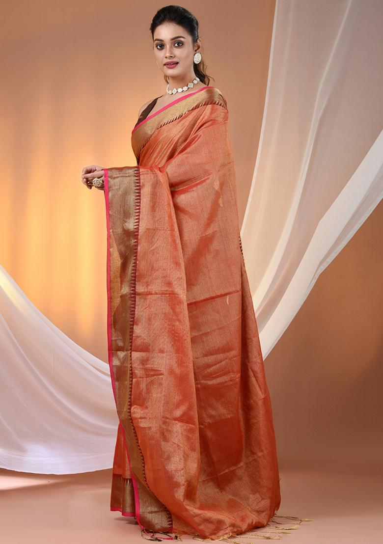 Red Floral Embroidery Tissue Saree Set - Indya