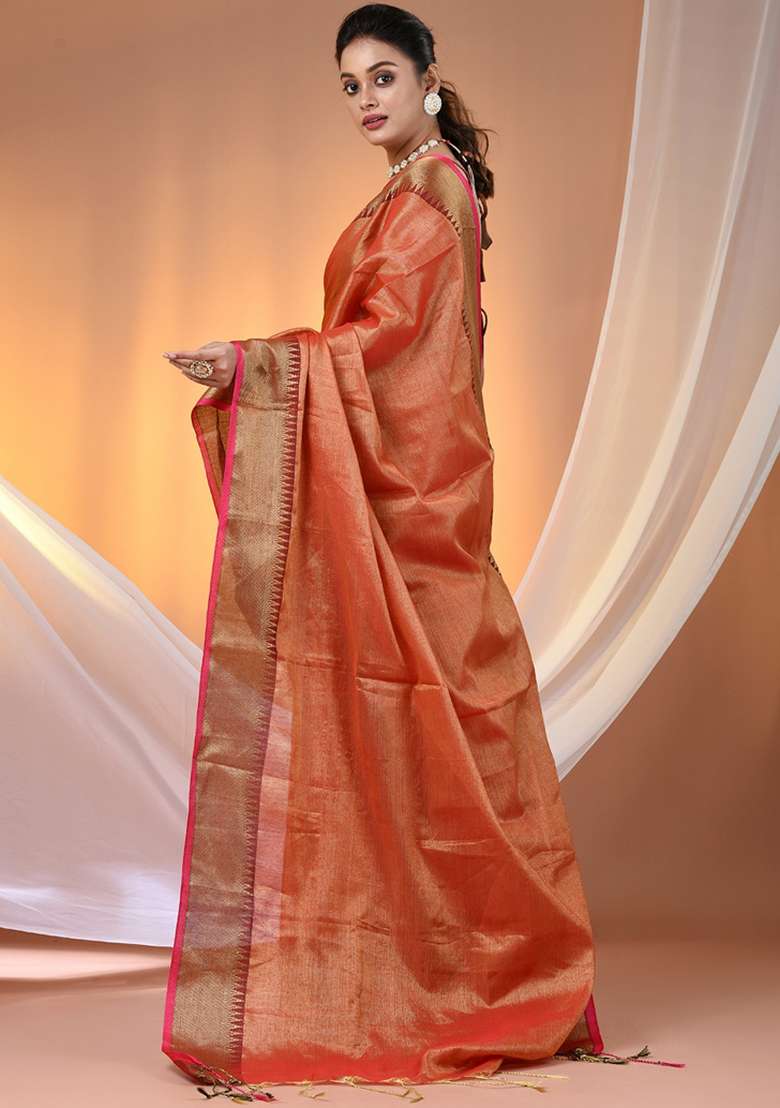 Red Floral Tissue Saree Set with Embroidery for Diwali | Wedding & Festive Wear - Indya