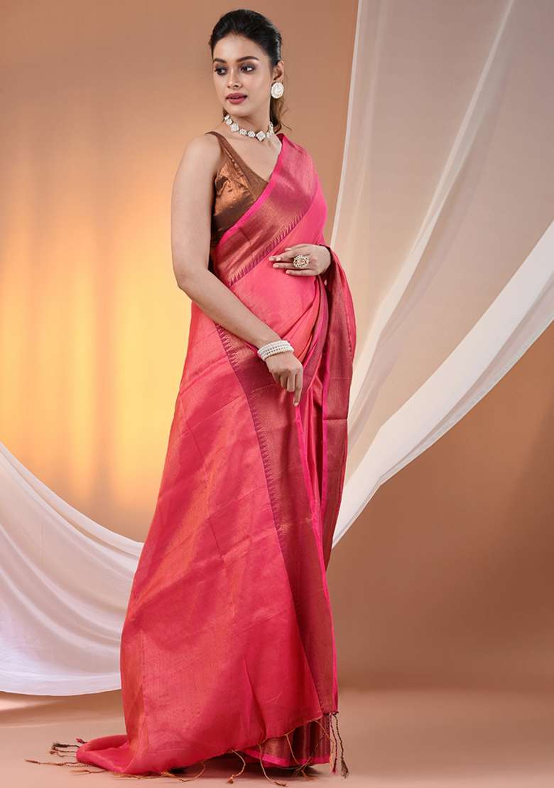 Pink Floral Embroidery Tissue Saree Set for Diwali and Festive Wear - Indya