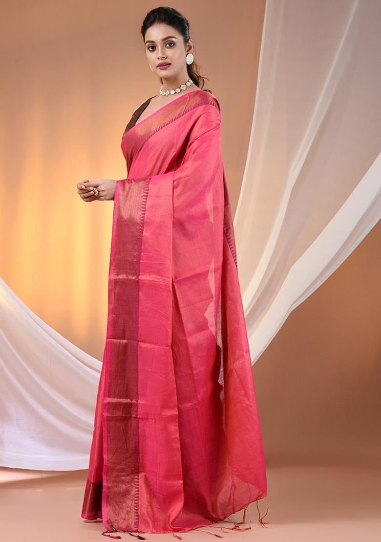 Pink Floral Embroidery Tissue Saree Set - Indya