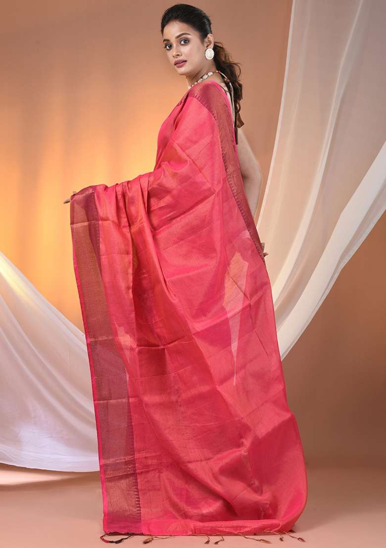 Pink Floral Embroidery Tissue Saree Set for Diwali and Festive Wear - Indya