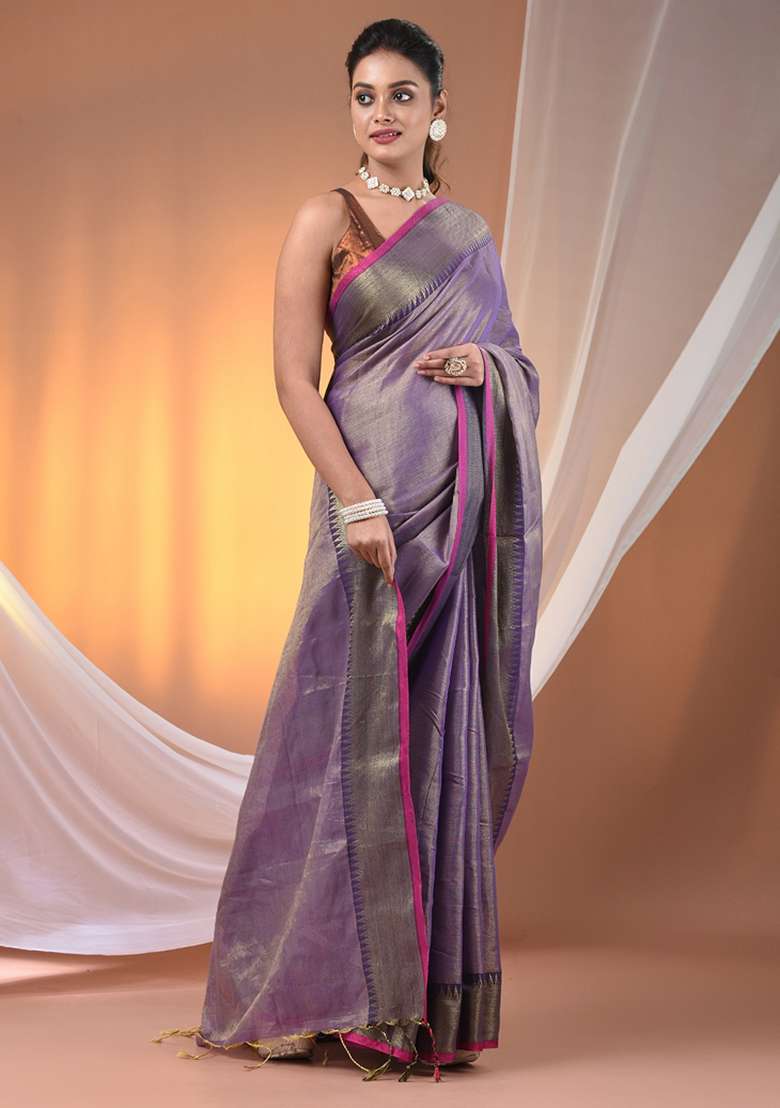 Purple Floral Embroidery Tissue Saree Set for Diwali and Festive Wear - Indya