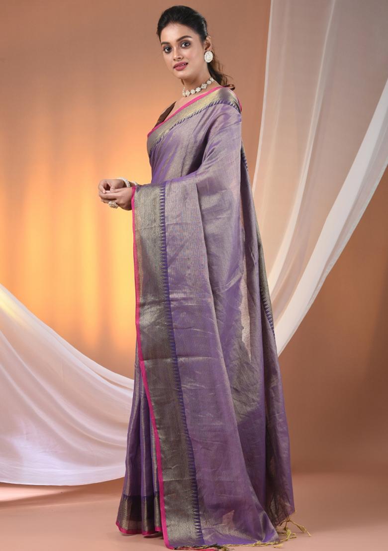 Purple Floral Embroidery Tissue Saree Set - Indya