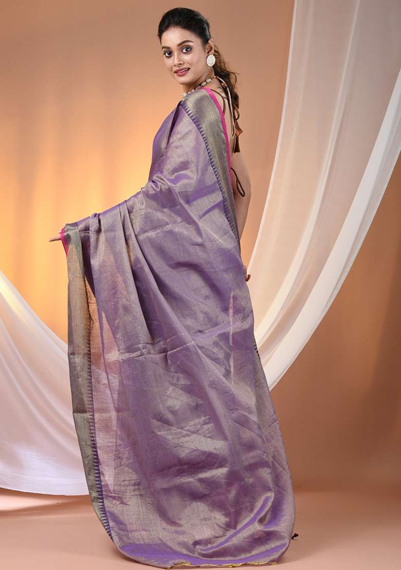Purple Floral Embroidery Tissue Saree Set for Diwali and Festive Wear - Indya
