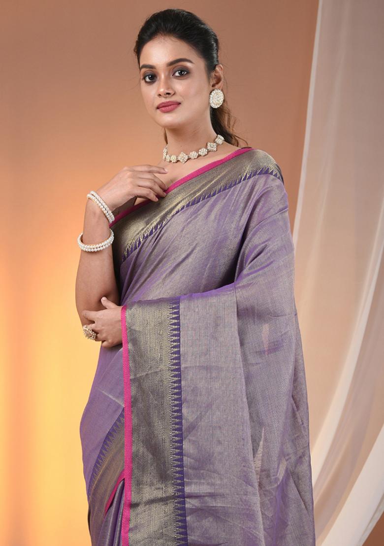 Purple Floral Embroidery Tissue Saree Set - Indya