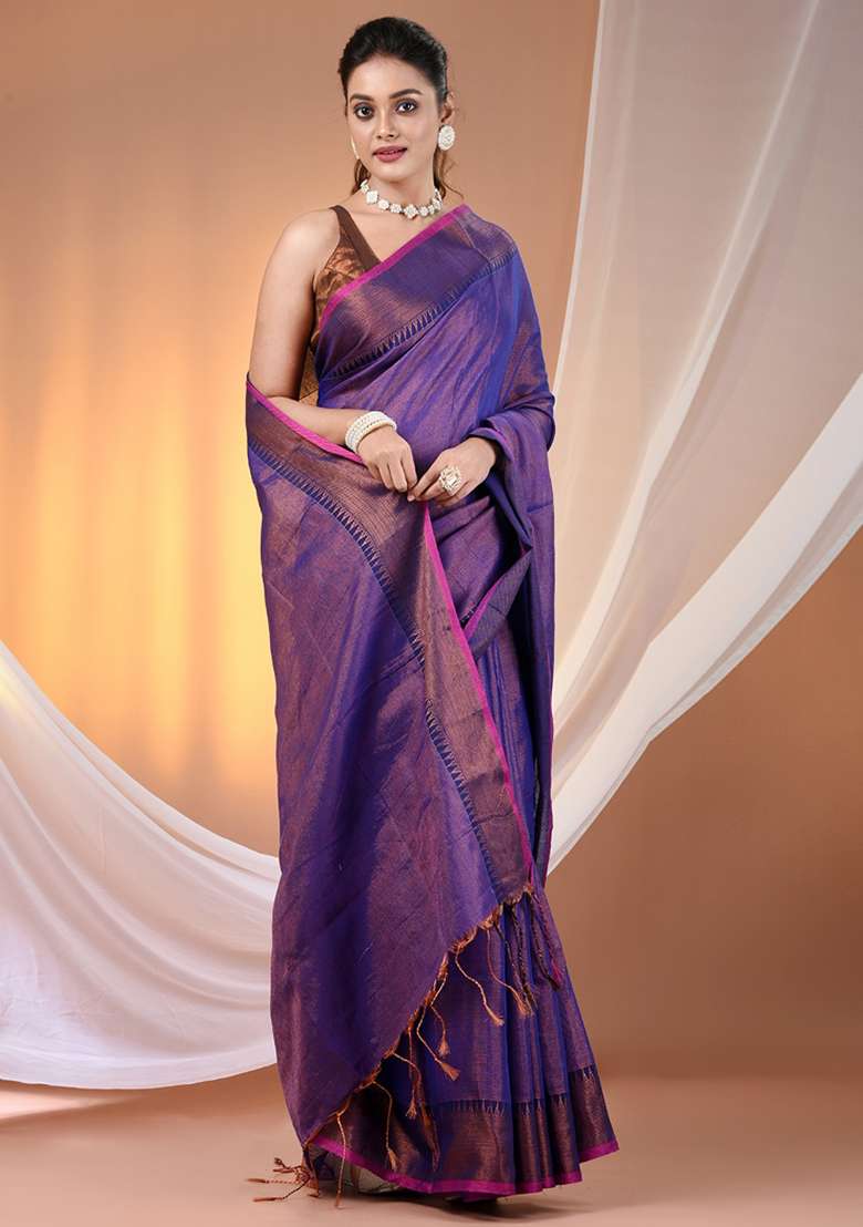 Blue Floral Tissue Saree Set with Embroidery for Diwali | Wedding & Festive Wear - Indya