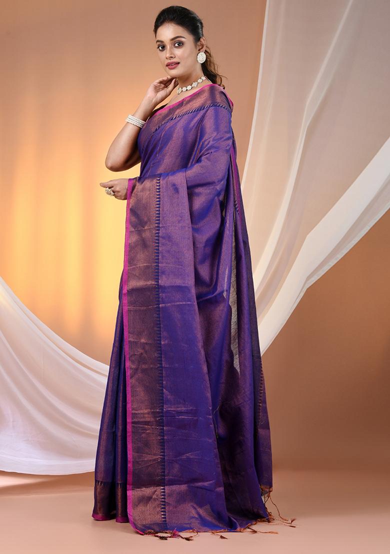 Blue Floral Embroidery Tissue Saree Set - Indya