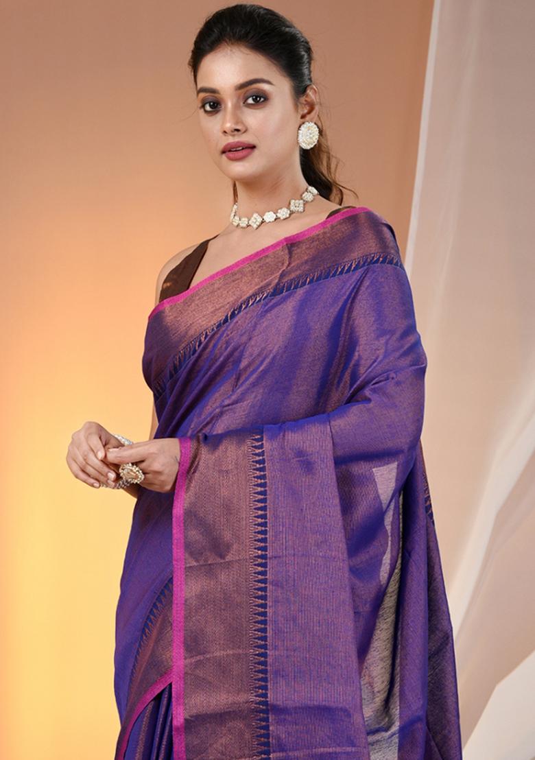 Blue Floral Embroidery Tissue Saree Set - Indya