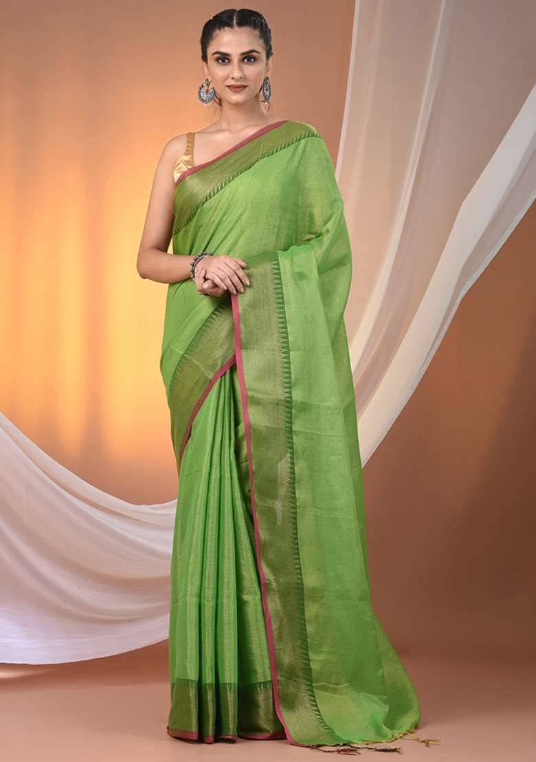 Green Floral Embroidery Tissue Saree Set for Diwali and Festive Wear - Indya