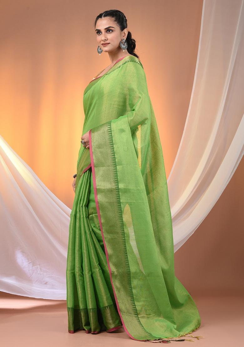 Green Floral Embroidery Tissue Saree Set - Indya