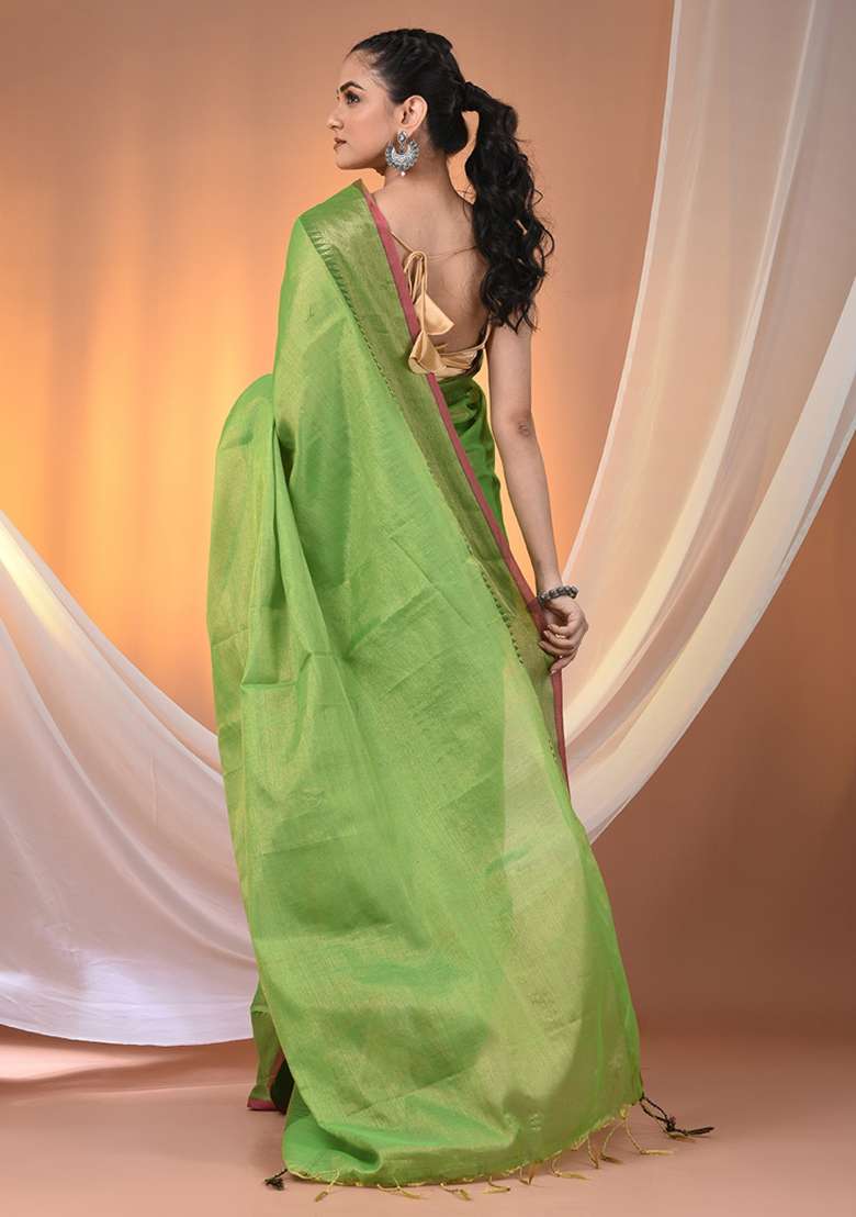 Green Floral Embroidery Tissue Saree Set for Diwali and Festive Wear - Indya