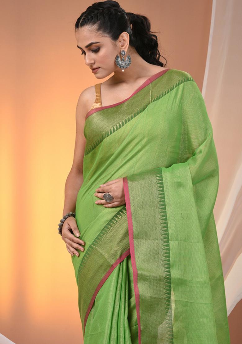 Green Floral Embroidery Tissue Saree Set - Indya