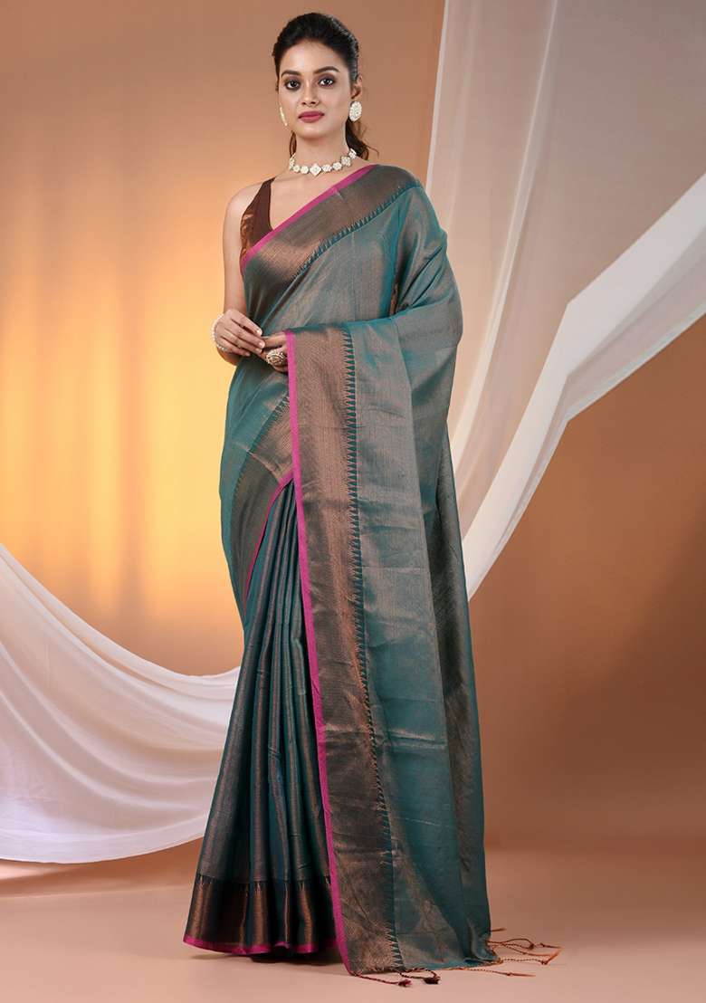 Teal Floral Embroidery Tissue Saree Set - Indya