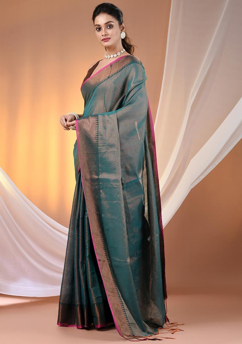 Teal Floral Embroidery Tissue Saree Set - Indya