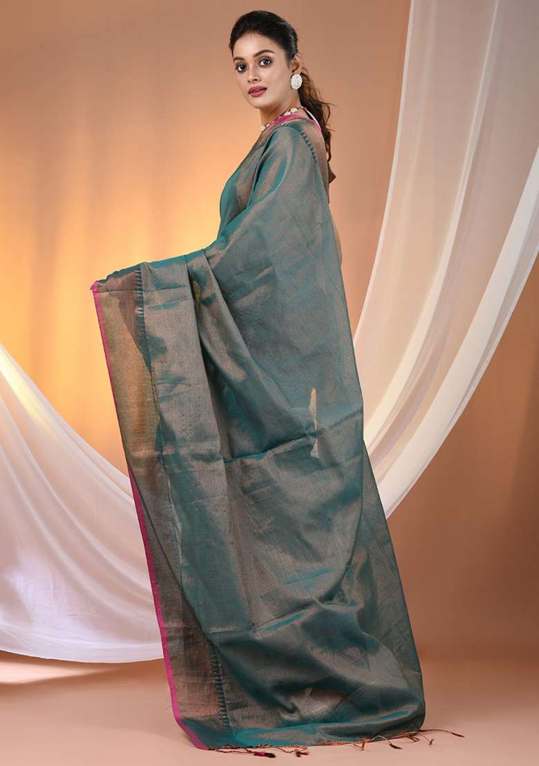 Teal Floral Embroidery Tissue Saree Set - Indya
