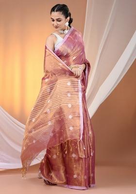 Violet Floral Embroidery Tissue Saree Set