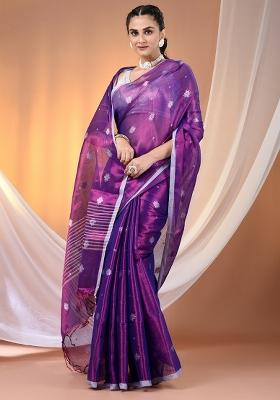 Purple Floral Embroidery Tissue Saree Set