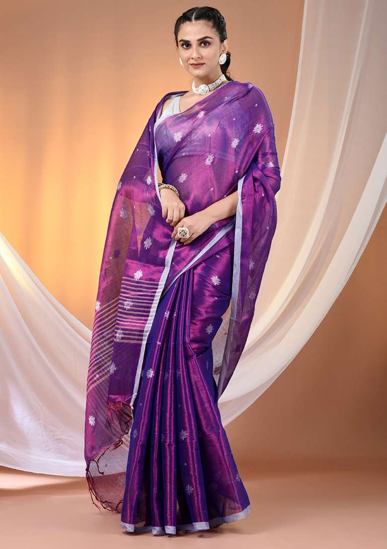 Purple Floral Embroidery Tissue Saree Set for Diwali and Festive Wear - Indya