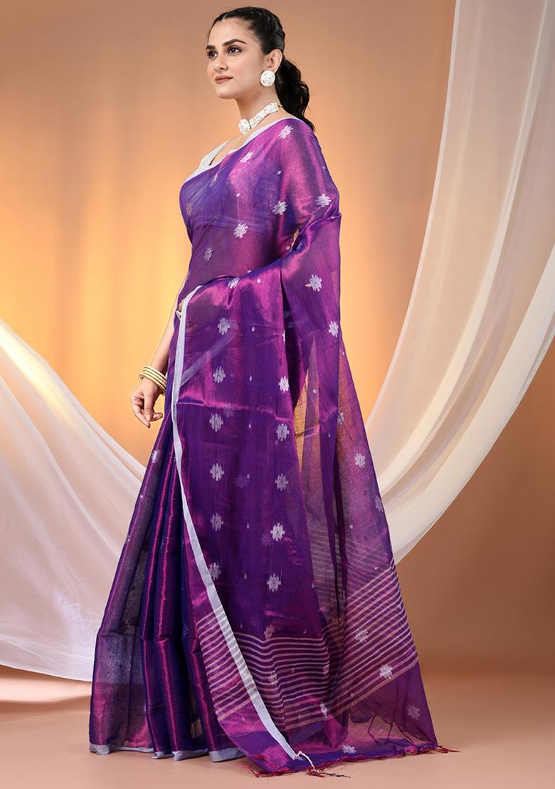 Purple Floral Embroidery Tissue Saree Set - Indya
