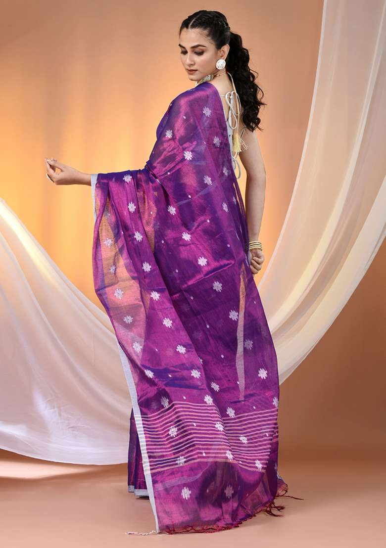 Purple Floral Embroidery Tissue Saree Set for Diwali and Festive Wear - Indya