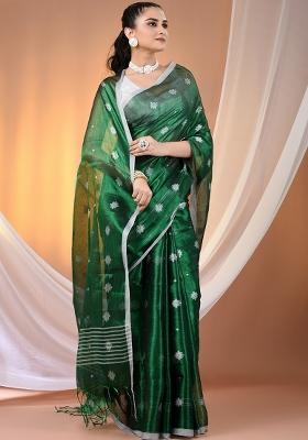 Green Floral Embroidery Tissue Saree Set