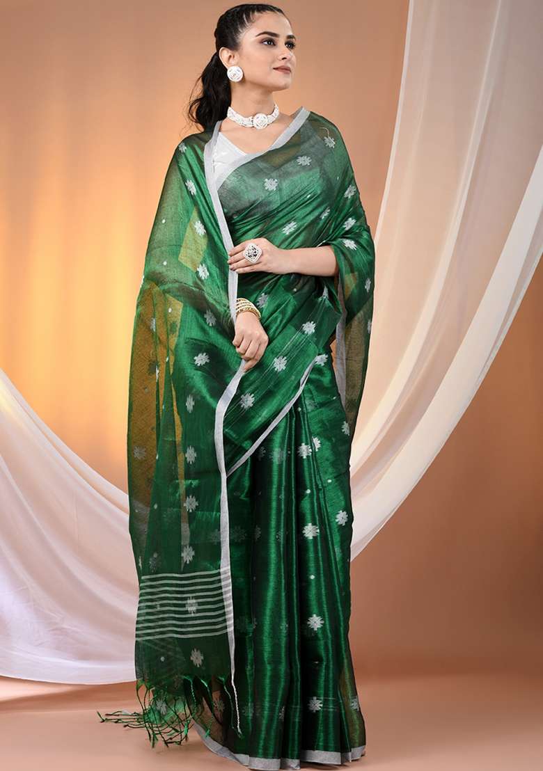 Green Floral Embroidery Tissue Saree Set for Diwali and Festive Wear - Indya
