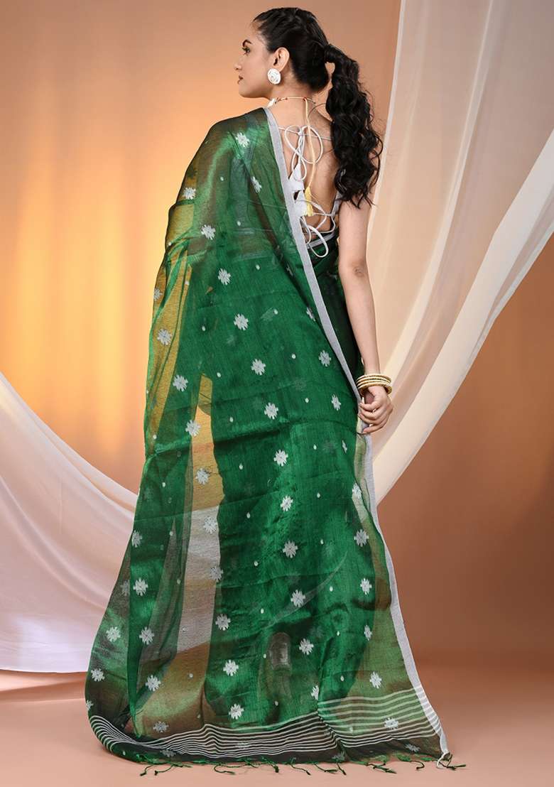 Green Floral Embroidery Tissue Saree Set for Diwali and Festive Wear - Indya