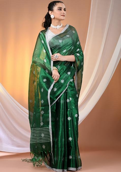 Green Floral Embroidery Tissue Saree Set
