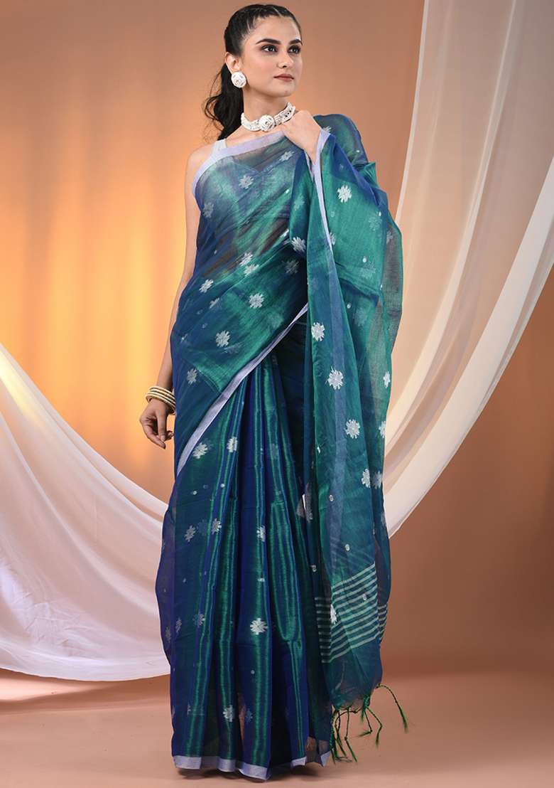 Peacock Blue Floral Embroidery Tissue Saree Set for Diwali and Festive Wear - Indya