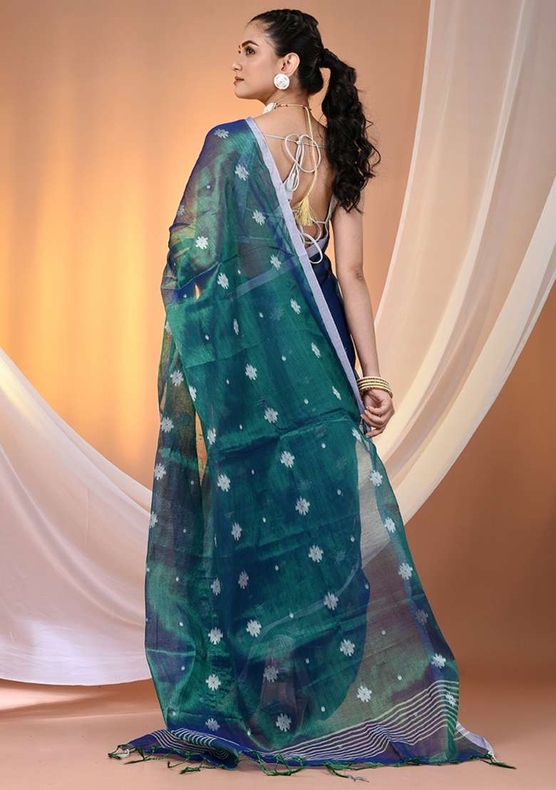 Peacock Blue Floral Embroidery Tissue Saree Set for Diwali and Festive Wear - Indya