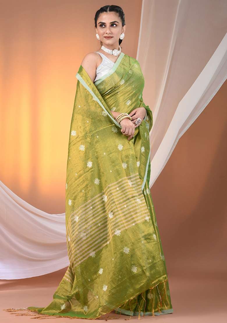 Parrot Green Floral Tissue Saree Set with Embroidery for Diwali | Wedding & Festive Wear - Indya
