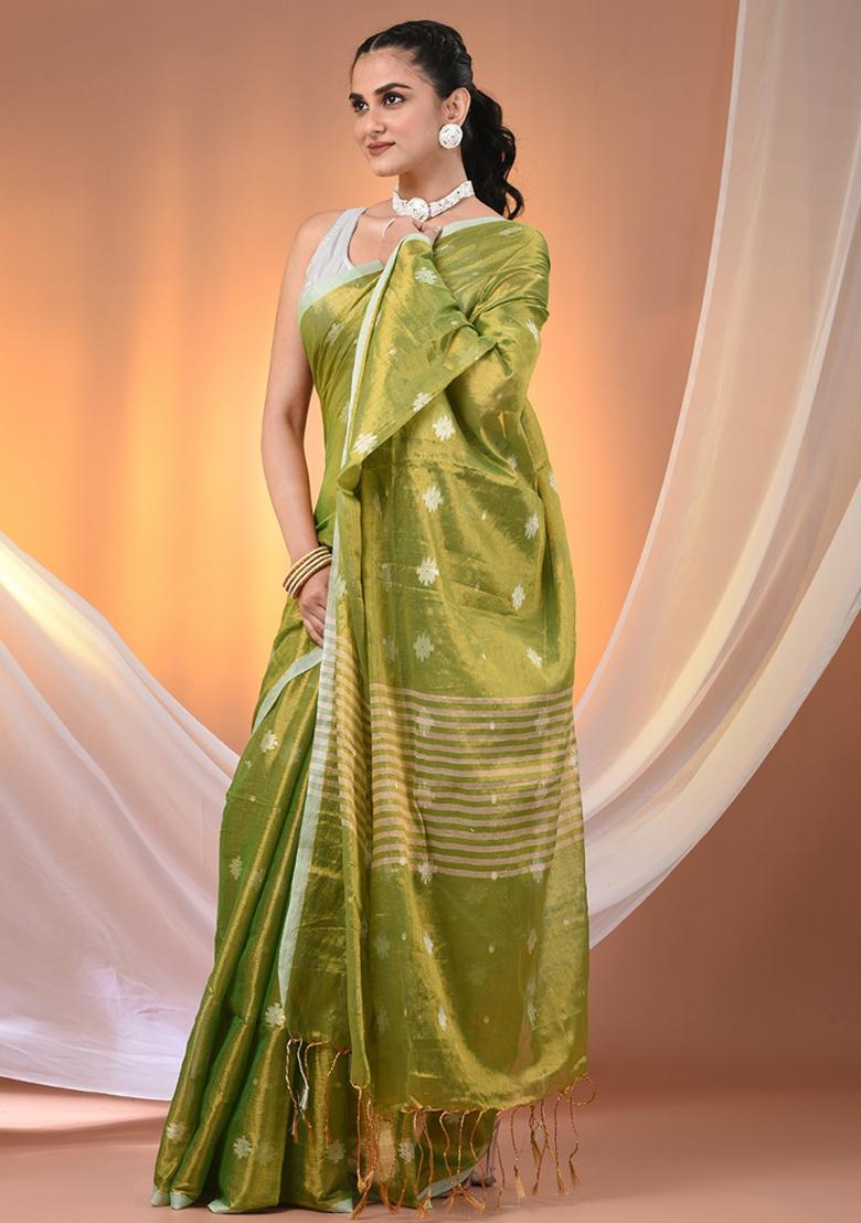 Parrot Green Floral Embroidery Tissue Saree Set - Indya